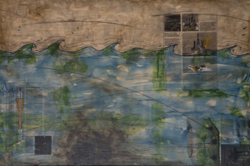 "Blowout" 2016, Acrylic, charcoal and image transfers collage on wood, 24 x 36 inches