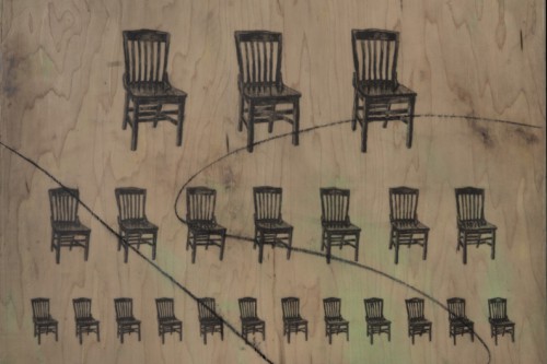 "Chairs" 2016, Acrylic, charcoal and graphite on wood, 36 by 24 inches