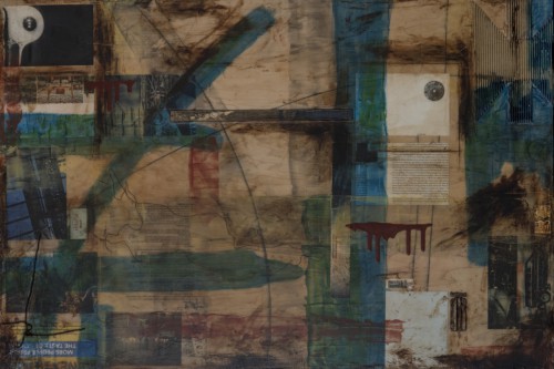 "Suddenly" 2016, Acrylic, paper, tags, image transfers and metal collage on wood, 24 x 36 inches