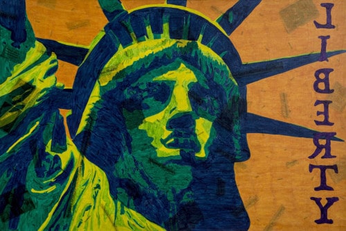 "Liberty" 2018, Acrylic and newspaper clippings collage on canvas, 24 by 36 inches