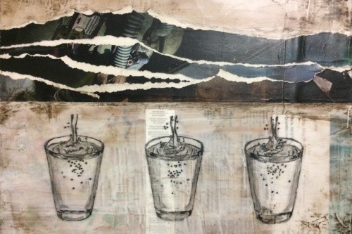 "Like Oil and Water" 2017, Acrylic charcoal, paper and fabric on wood, 9 by 12 inches