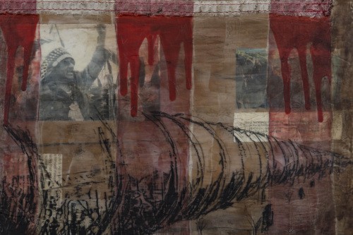 "Coming Down" 2017, Acrylic charcoal, paper and fabric collage on wood, 9 by 12 inches