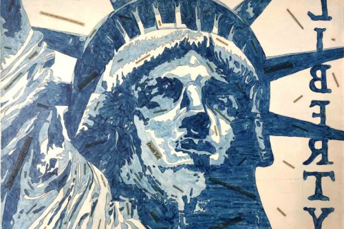 "Liberty" 2020,  Acrylic and newspaper clippings collage on canvas, 18 by 24 inches