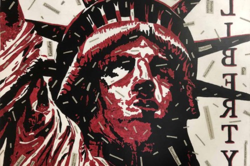 "Liberty" 2020, Acrylic and newspaper clippings collage on canvas, 18 by 24 inches