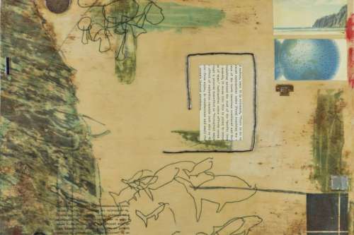 "Unlimited" 2019,  Acrylic, charcoal, tags, labels, paper, image transfers, wire, and iron oxide powder collage on canvas, 18 by 24 inches