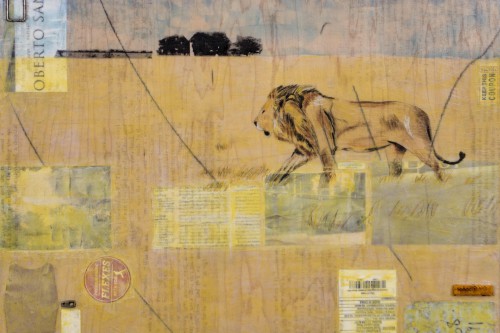 "Was He Not Fighting With a Lion?" 2017, Acrylic, charcoal, paper, tags, colored pencil, image transfers, plastic, glass beads and metal collage on wood, 18 x 24 inches