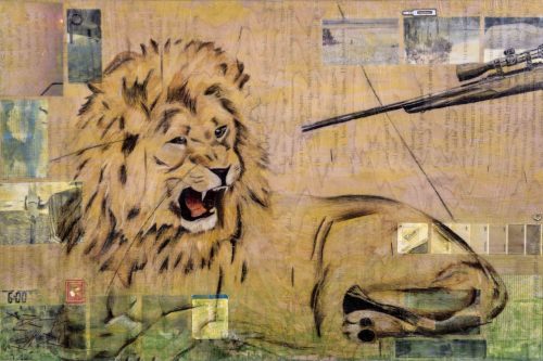 "The Beast" 2017, Acrylic, charcoal, colored pencil, paper, image transfers, metal and  and glass beads collage on wood, 24 x 36 inches