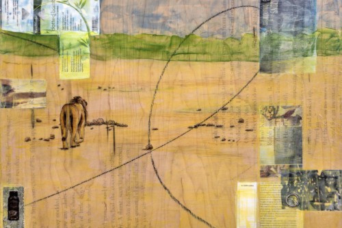 "Victory, Defeat" 2017, Acrylic, charcoal, paper, tags, colored pencil, image transfers, bullet casing, glass beads and metal collage on wood, 18 x 24 inches