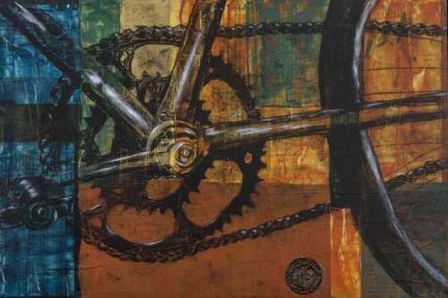 "Airflow" 2016, Acrylic, charcoal, paper, tags, metal and image transfers collage on wood, 12 by 18 inches