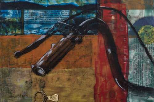 "Uplock Switch" 2016, Acrylic, charcoal, paper, tags, metal and image transfers collage on wood, 9 by 12 inches