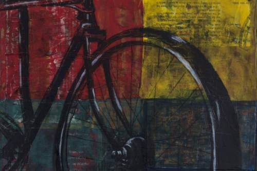 "Blending Wheels with Work" 2016, Acrylic, charcoal, paper, tags, metal and image transfers collage on wood,  9 by 12 inches