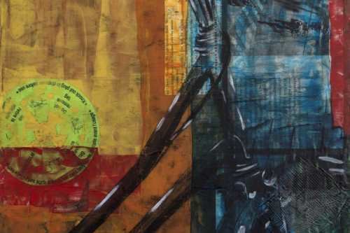 "Wheels Are Mechanical" 2016, Acrylic, charcoal, paper, tags, metal and image transfers collage on wood, 9 by 12 inches
