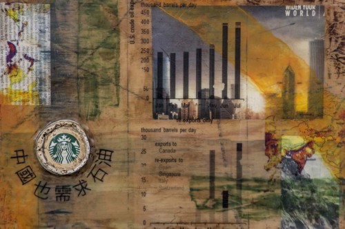"China Needs Oil Too" 2017, Acrylic, charcoal, paper, tags, metal and image transfers collage on wood, 9 by 12 inches