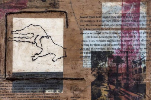 "Dead Horse" 2017, Acrylic, charcoal, paper, tags, wire and image transfers collage on wood, 9 by 12 inches