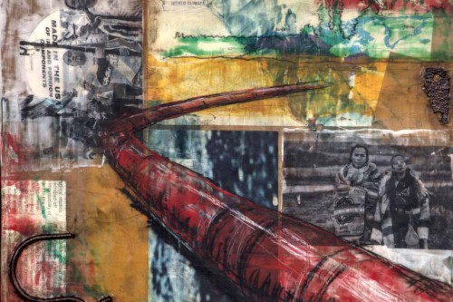 "Made in the USA" 2017, Acrylic, charcoal, paper, tags, metal and image transfers collage on wood, 9 by 12 inches