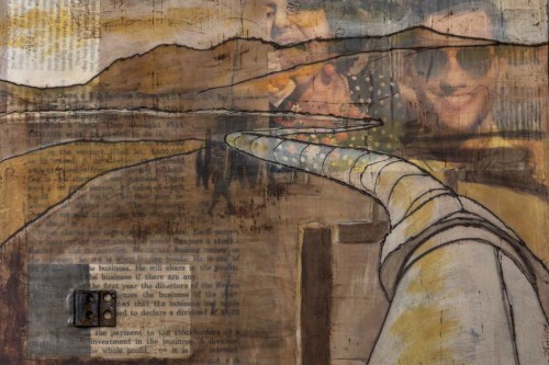 "Who Owns a Big Business Company?" 2017, Acrylic, charcoal, paper, tags and image transfers collage on wood, 9 by 12 inches