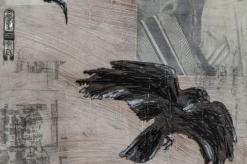 "Flying, Falling" 2018, Acrylic, charcoal, paper, image transfers, graphite and metal collage on wood, 12 by 9 inches