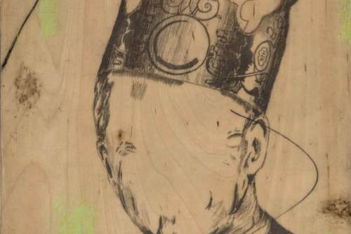 Head(2), 12 by 16 inches,  acrylic, graphite and charcoal on wood, 2018
