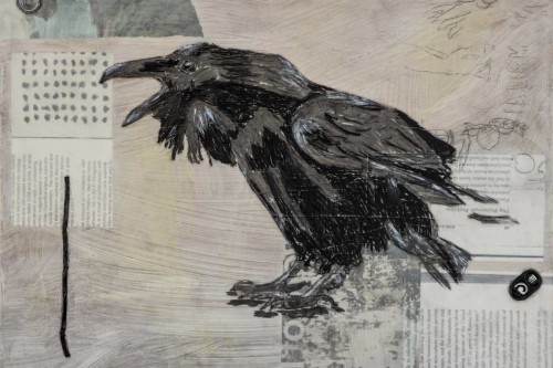 "In the Court of Pluto" 2018, Acrylic, charcoal, paper, image transfers, graphite, cord and metal collage on wood, 9 by 12 inches