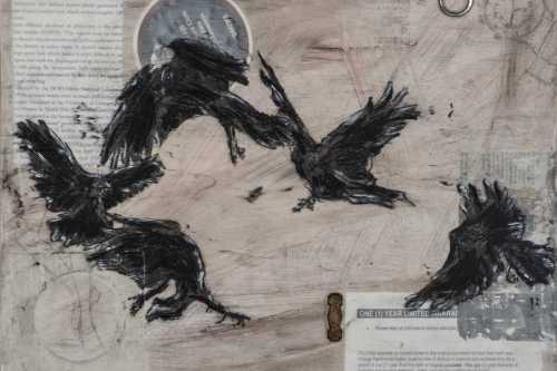 "Unfurling Reaction" 2018, Acrylic, charcoal, paper, image transfers, graphite and metal collage on wood, 9 by 12 inches
