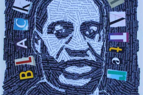"Black Lives Matter" 2020, Acrylic and paper collage on canvas, 16 by 12 inches,  (contains names of Black Americans killed by police 2017-2020)