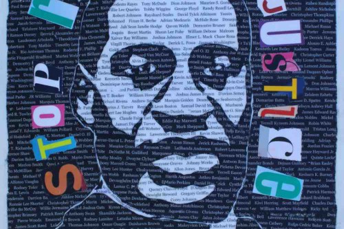 "Stop Racial Injustice", 2020, Acrylic, image transfers and paper collage on canvas, 16 by 12 inches,  (contains names of Black Americans killed by police 2017-2020)
