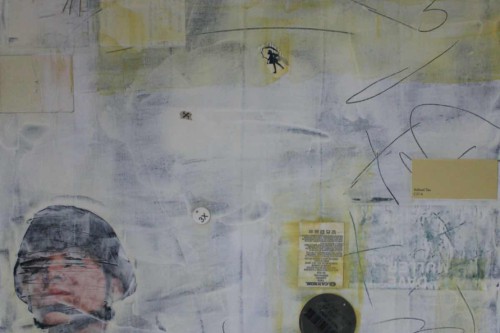 "Blackwater" 2018, Acrylic, charcoal, paper, tags, and mesh collage on canvas, 24 by 18 inches