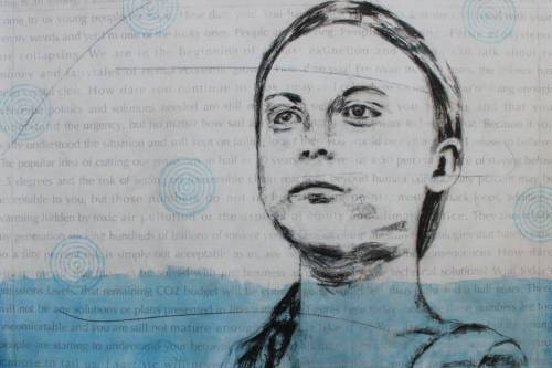 "Greta Thunberg" 2020, Acrylic, charcoal and image transfers collage on canvas, 24 by 36 inches