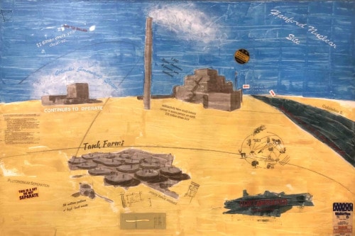 "Hanford" 2019, Acrylic, charcoal, paper, tags, image transfers and glass beads on canvas, 24 by 36 inches