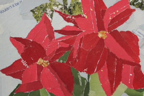 "Poinsettias" 2021, Paper collage on watercolor paper, 8 by 10 inches