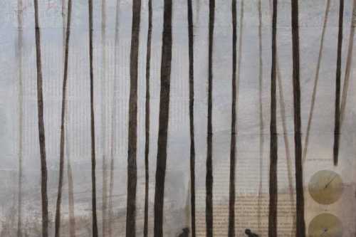 Aftermath, 2024,  Acrylic paint, maps, and magazine and book pages collaged on paper, 24 by 18 inches