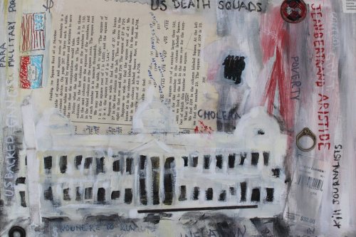 Arsonists Pretending to be Firefighters, 2023, Acrylic, paper, tags, plastic, and metal collaged on canvas, 12 by 16 inches