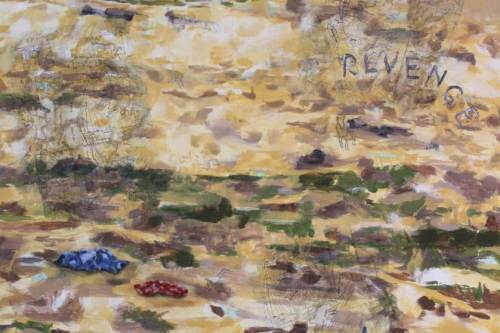 The Battle of Four Lakes, 2023, Acrylic and image transfers  collaged on canvas, 39 by 27 inches