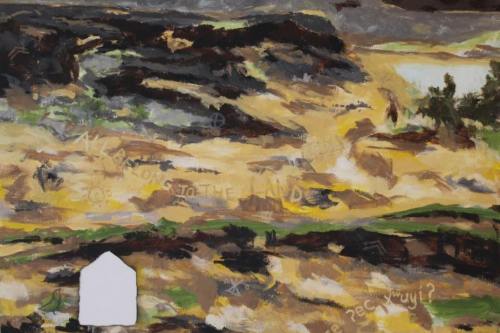Belong to the Land, 2023, Acrylic paint, image transfers, and scorched cutouts collaged on canvas, 27 by 21 inches