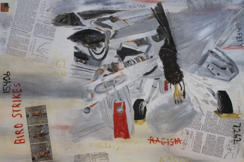 "Birdstrike," 2023, Acrylic, paper, and flag trinket collaged on canvas, 24 by 36 inches