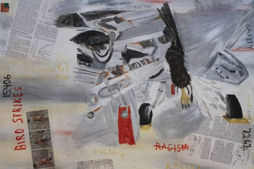 Birdstrike, 2023, Acrylic, paper, and flag trinket collaged on canvas, 24 by 36 inches