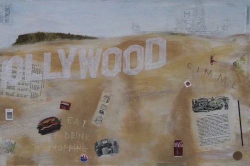 Consumption, 2024, Acrylic, paper, tags, cardboard, plastic, image transfer, and metal collaged on canvas, 24 by 36 inches,