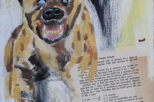 Hyena, 2023, Acrylic, paper, tags, cardboard, and metal collaged on canvas, 16 by 12 inches