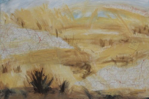 In the Wheat, 2025, Acrylic, maps, tags, cardboard, fabric, and metal collaged on canvas, 24 by 24 inches