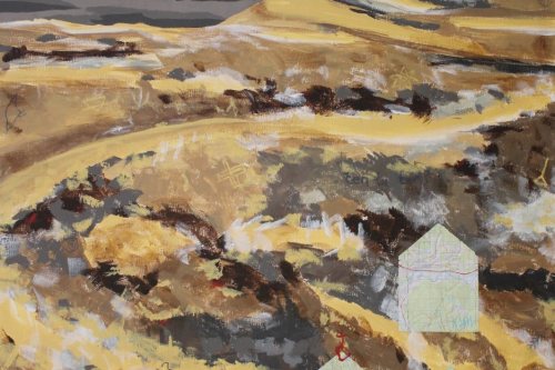 Land Before Houses, 2023, Acrylic paint and maps collaged on canvas, 27 by 21 inches