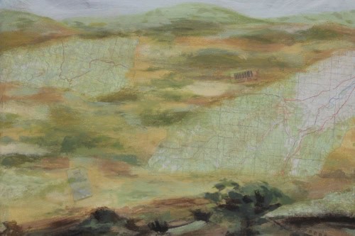 Lentil Fields, 2025, Acrylic, maps, tags, paper, plastic mesh, and metal collaged on canvas, 24 by 24 inches