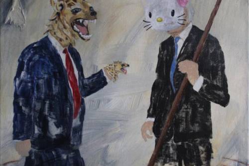 Painting of presidential candidates pictured as a hyena and hello kitty in the presidential debate.