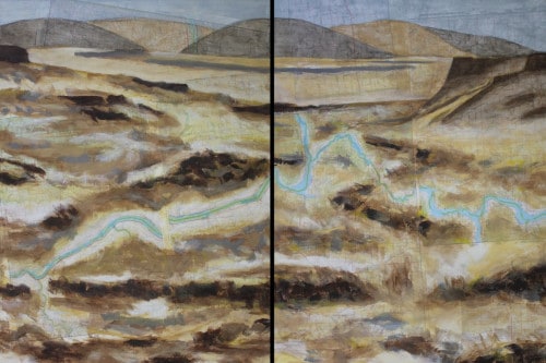 Pulse of the River, 2023, Acrylic paint and maps collaged on canvas, 24 by 36 inches, diptych