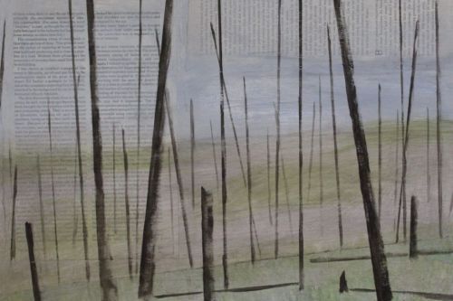 Renewal, 2024, Acrylic paint, image transfers, maps, and magazine and book pages collaged on paper, 24 by 18 inches
