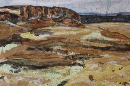 Rocky Cliff, 2024, Acrylic paint and image transfers collaged on paper, 24 by 18 inches