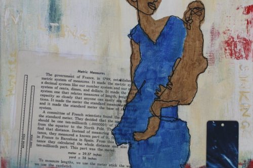 Sinking Island, 2023, Acrylic, paper, tags, and metal collaged on canvas, 16 by 12 inches