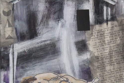 Stargazing, 2023, Acrylic, charcoal, paper, rubber cord and metal collaged on canvas, 16 by 12 inches