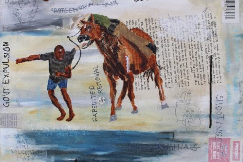 Water Under the Bridge, 2023, Acrylic, paper, tags, plastic, wire, and metal collaged on canvas, 12 by 16 inches