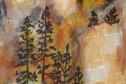 "Wildfire," 2024, 24 by 18 inches, Acrylic paint, maps, and magazine and book pages collaged on paper