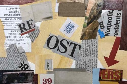 "After Kurt Schwitters" 2019, Paper and tag collage on watercolor paper, 8 by 10 inches